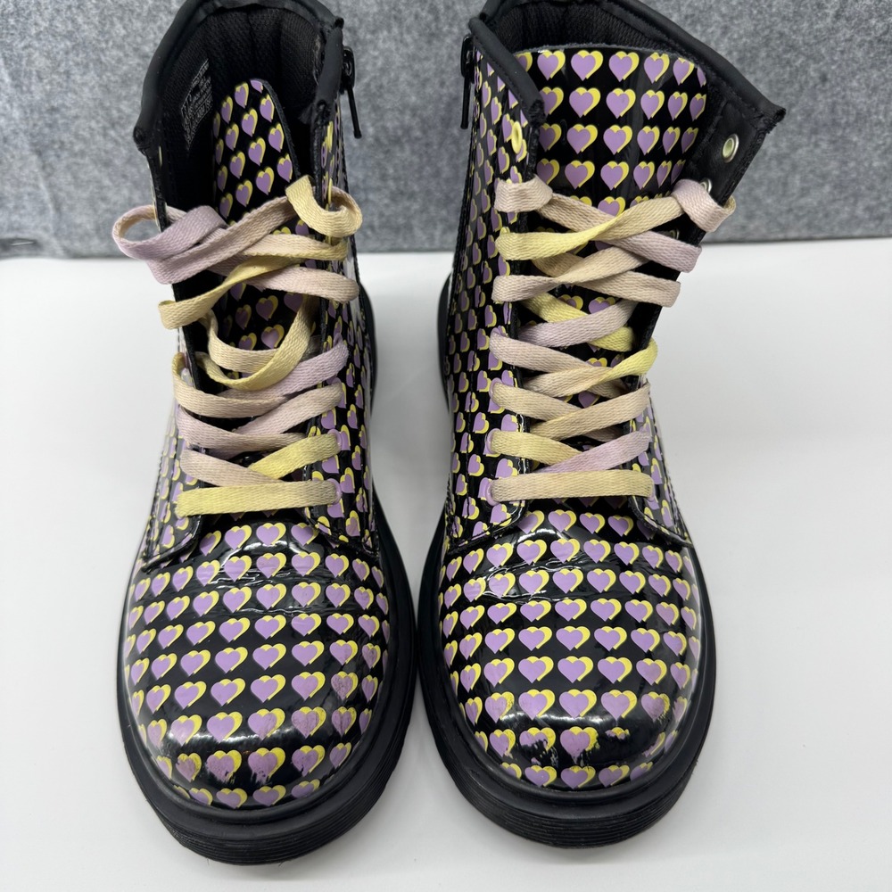 Dr. Martens 1460 J Boots Womens 5 Black Purple Yellow Heart Print Patent Leather - Picture 4 of 16